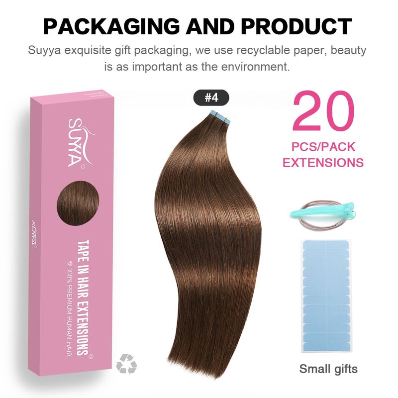 SUYYA Tape in Hair Extensions Chocolate Brown 100% Remy Human Hair 20 inches 20pcs 50g/pack Straight Seamless Skin Weft Tape Hair Extensions(20Inch #4 Dark Brown) - Image 2